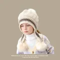 Winter knit baby earflap hat in cream white with pom-poms and wave patterns - Children's Three-ball Beige (ages 2-8)