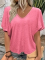 Pink V-neck short sleeve T-shirt with loose casual pleated knit texture for women - S / Tops / Red