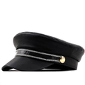 Vintage black PU leather baker boy hat with rhinestone trim and gold metal button accent - Black