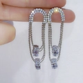 Silver drop earrings with cascading tassels and square rhinestones held by hand - Silver Sparkling Zircon Tassel Studs