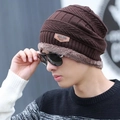 Men's winter knit beanie in dark brown with thick fleece lining and leather label - Hat Only / Coffee