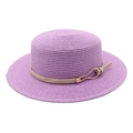 Deep purple boater straw hat with flat top and beige leather strap with gold buckle - M (56-58cm) / Taro Purple
