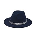 Detail of navy wide-brim wool fedora hat featuring a chunky marble pattern decorative chain - Dark Blue