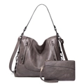 Dunkelgraues Hobo-Taschen-Set mit passender Handgelenktasche aus strukturiertem Kunstleder - Grau 2-in-1-Set