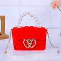 Red silicone heart pop-it crossbody bag with pearl handle and golden chain strap - Red