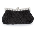 Elegante schwarze gewebte Abend-Clutch mit funkelndem, diamantbesetztem Silberrahmen - Schwarz