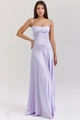 Detailed view of lavender satin maxi dress featuring fine straps and V-shaped waist seam - S / Solid Light Purple