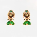 Detail of gold princess earrings featuring green faceted stones and zircon inlay - Rose Gold Princess Pair