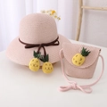 Ensemble chapeau de paille rose et sac pour enfants avec charmes ananas et nœuds - Chapeau Rose + Sac