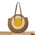 Round paper rope woven shoulder bag with sun pattern and brown leather straps - Large Striped Light Brown (Yellow Core)