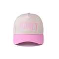 Close-up of pink 'HONEY' embroidery on beige cotton baseball cap with structured panels - Adjustable / Honey Pink