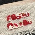 Handmade strawberry themed press-on nails for kids with 3D embossed designs and polka dots - Large (L) / Strawberry Candied Haw Style (C115)
