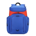 Detailed front view of blue outdoor sports backpack with orange contrast stripe and D-ring - Black and Orange