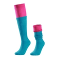 Teal and pink slouch socks in knit cotton blend shown flat and in a trendy stacked style - Sky Blue & Rose Red