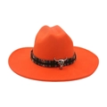 Bright orange wide brim felt cowboy hat with bull head silver buckle and woven band - Orange