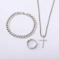 Polished silver hip hop jewelry set with cross pendant necklace, bracelet and star ring - Three-Piece Cross Collection (6016) / Silver