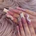 Uñas postizas rosa tipo coffin con flores 3D y brillantes decoraciones de pedrería - Flores 3D Rosas Diamantes - Estilo Pegamento (SGCY-269)