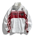Vintage heren racejack van leer in rood en wit met klassieke biker-patches - M / Wit