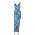 Abito lungo attillato con stampa floreale blu e patchwork leopardato con spalline - S / Blu