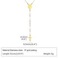 Detail of gold stainless steel cross necklace with virgin Mary charm and white pearls - Faux Pearl