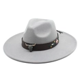 Detail view of ethnic fedora hat with bull head buckle and floral embroidery - M (56-58cm) / Light Gray