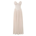 Elegant strapless pleated maxi dress in champagne beige with corset style bodice waist - S / Apricot