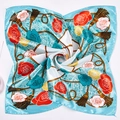 Elegant 50cm square satin scarf with blue border and vintage floral chain print - Sky Blue Four-Color Flowers