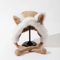 Detail of plush winter fox ear hat with soft faux fur trim and cute pom-pom chin straps - M (56-58cm) / Khaki