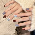 Handcrafted British style press-on nails featuring blue plaid and cat-eye brown design - Ultra Short Coffin Blue Brown Cat Eye Plaid / Extra Small (XS)