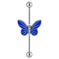 14G silver stainless steel industrial barbell with royal blue enamel butterfly charm - 1.6X38X5X5mm / Blue