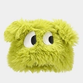 Detail of neon green plush hat with large cartoon cat eyes and soft fuzzy texture - Yellow-Green