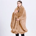 Women's camel faux fur collar knit poncho cardigan with a loose fit and elegant drape - Light Camel