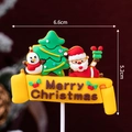 Yellow Merry Christmas cake topper with Santa and Snowman figures, 6.6cm wide - Soft Rubber Yellow Banner Single