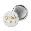 Detailed view of white Bride badge showing front glitter text and back safety pin structure - Standard Size / Bride To Be