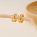 Fashionable gold plated hoop earrings with zircon stones on minimalist wood stand - EH411002