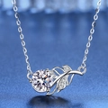 Elegant silver leaf pendant necklace featuring a round sparkling stone on blue backdrop - Xl-162 [with Chain]