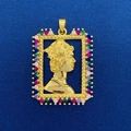Golden rectangular pendant with embossed portrait and colorful gemstones in a mosaic frame - Retro Portrait Relief Colorful Gem Style (719)