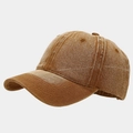 Detail view of washed denim texture and 6-panel structure on vintage baseball cap - Adjustable / Earthy Yellow