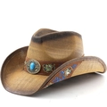 Brown woven straw cowboy hat with turquoise gemstone and floral embroidery detail - M (56-58cm) / Khaki Gradient