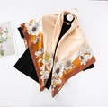 Elegant 90cm silk-like square scarf with orange floral pattern and beige accents - Flora-Caramel