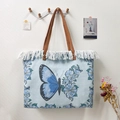 Large blue butterfly canvas tote bag with white fringe and brown leather handles - Blue Butterfly Print