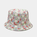 Light gray cotton bucket hat with white flower and red cherry print pattern - M / Grey Cherry Flower