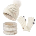 Winter cable knit hat, scarf, and touchscreen gloves set in cream white for kids - Off-white (HL8845)