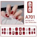 Rode hart en konijn kunstnagels set met 24 stuks in feestelijk kersendesign - Rood Wit Bloem Konijn Inkt (A701) / 24 Stuks/Set