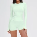 Ensemble de yoga sans couture vert menthe pour femmes avec passants de pouce et short - S / Haut Et Bas / Manches Longues + Shorts / Vert Herbe à Poux