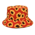 Dettaglio del cappello a secchiello rosso con vivaci stampe di girasoli in puro cotone - M(56-58cm) / Rosso