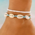 Bohemian multi-layer anklet set with white beads and natural shells on blue cord - Blue Woven Natural Shell Beaded Anklet Set (18蓝色贝壳A-815)