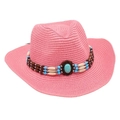 Detail of pink straw cowboy hat with ethnic beaded band and turquoise centerpiece - Pink