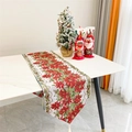 Close-up of Christmas table runner with red floral jacquard patterns and white tassels - 15# Beige Poinsettia