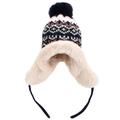 Detail of knit earflap hat with ethnic jacquard pattern and thick plush faux fur lining - One Size / Navy Blue